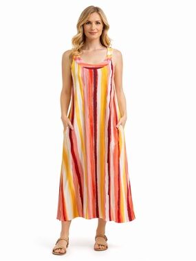 Sleeveless Round Neck Striped Maxi Dress  Pockets in Yellow, Pink & Orange Sz M